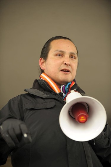 Chief Cadmus Delorme of Cowessess First Nation speaks during a rally in Regina on Feb. 10, 2018, following the not guilty verdict in the Gerald Stanley trial. Stanley was acquitted in the shooting death of 22-year-old Colten Boushie, a resident of the Red Pheasant First Nation.