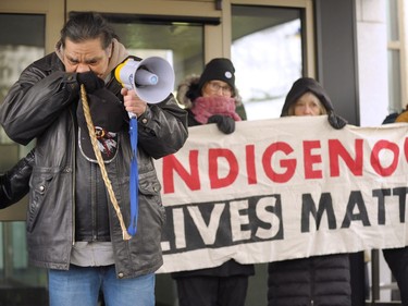 Walter Red Thunder, left, from Red Pheasant First Nation gets emotional during a rally in Regina on Feb. 10, 2018, following the not guilty verdict in the Gerald Stanley trial. Stanley was acquitted in the shooting death of 22-year-old Colten Boushie, a resident of the Red Pheasant First Nation.