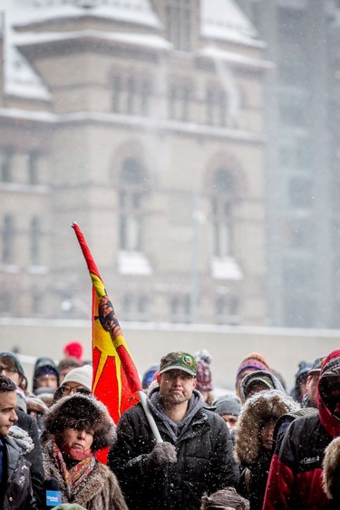 Protesters gather in Nathan Phillips Square in Toronto  on Saturday, Feb. 10, 2018, to protest the verdict in his murder trial of Colten Boushie who was shot on a farm in Saskatchewan.