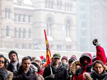 Protesters gather in Nathan Phillips Square in Toronto on Saturday, Feb. 10, 2018, to protest the verdict in his murder trial of Colten Boushie who was shot on a farm in Saskatchewan.