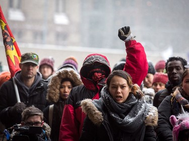 Protesters gather in Nathan Phillips Square in Toronto on Saturday, Feb. 10, 2018, to protest the verdict in his murder trial of Colten Boushie who was shot on a farm in Saskatchewan.