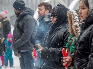 Protesters gather in Nathan Phillips Square in Toronto on Saturday, Feb. 10, 2018, to protest the verdict in his murder trial of Colten Boushie who was shot on a farm in Saskatchewan.