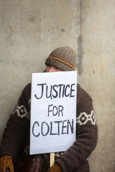 Protesters gather in Nathan Phillips Square in Toronto on Saturday, Feb. 10, 2018, to protest the verdict in the murder trial of Gerald Stanley, who was accused of killing Colten Boushie.