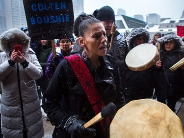 Protesters gather in Nathan Phillips Square in Toronto on Saturday, Feb. 10, 2018, to protest the verdict in the murder trial of Gerald Stanley, who was accused of killing Colten Boushie.