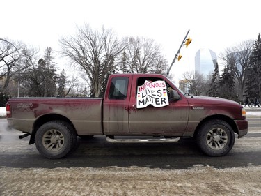 A truck trails a rally in Regina on Saturday, Feb. 10, 2018, following the not guilty verdict in the Gerald Stanley trial. Stanley was acquitted in the shooting death of 22-year-old Colten Boushie, a resident of the Red Pheasant First Nation.