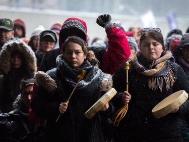 Protesters gather in Nathan Phillips Square in Toronto on Saturday, Feb. 10, 2018, to protest the verdict in the murder trial of Gerald Stanley, who was accused of killing Colten Boushie.