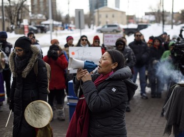 A chant is performed during a rally in response to Gerald Stanley's acquittal in the shooting death of Colton Boushie in Edmonton, Alta., on Saturday, February 10, 2018.