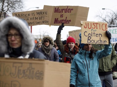 People march during a rally in response to Gerald Stanley's acquittal in the shooting death of Colton Boushie in Edmonton, Alta., on Saturday, February 10, 2018.
