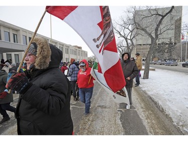 Protesters participate in a rally in Regina following the not guilty verdict in the Gerald Stanley trial on Saturday, Feb. 10, 2018. Stanley was acquitted in the shooting death of 22-year-old Colten Boushie, a resident of the Red Pheasant First Nation.
