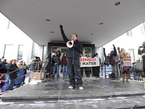 Chief Cadmus Delorme of Cowessess First Nation speaks during a rally in Regina following the not guilty verdict in the Gerald Stanley trial on Saturday, Feb. 10, 2018. Stanley was acquitted in the shooting death of 22-year-old Colten Boushie, a resident of the Red Pheasant First Nation.