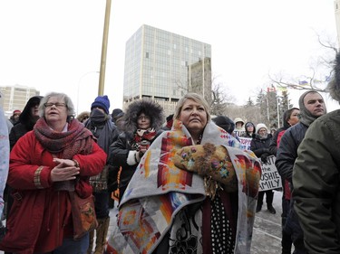 Federation of Sovereign Indigenous Nations Vice Chief Heather Bear participates in a rally in Regina  on Saturday, Feb. 10, 2018, following the not guilty verdict in the Gerald Stanley trial.