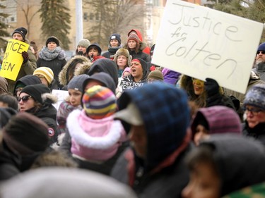 Protesters participate in a rally in Regina on Saturday, Feb. 10, 2018,  following the not guilty verdict in the Gerald Stanley trial.