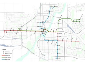 The City of Saskatoon released this map, depicting the planned routes for an upcoming Bus Rapid Transit system, on Thursday, Feb. 8, 2018. (Supplied photo/City of Saskatoon)