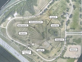 This aerial map show the proposed layout for the Optimist Hill project in Saskatoon's Diefenbaker Park. The Meewasin Valley Authority board granted conditional approval to the project on Friday, Feb. 2, 2018. (Optimist Hill Campaign)