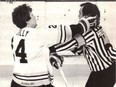 Boston Bruins forward Terry O'Reilly lands a punch to the head of referee Andy van Hellemond at Boston Garden with two seconds remaining in Game 7 of the NHL's Adams Division final against the Quebec Nordiques on April 25, 1982.