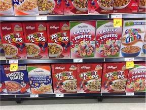 Eye-catching red in the cereal aisle in the modern supermarket.