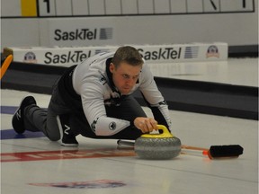 Colton Flasch of Saskatoon delivers a stone Thursday at the provincial men's Tankard in Estevan.