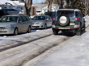 Deep ruts are seen down residential streets in Saskatoon, SK  on March 13, 2018.
