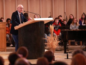 Holocaust survivor Robbie Waisman speaks to 2,000 students from both Catholic and public schools about his experiences and memories of the Holocaust at Holy Family Cathedral in Saskatoon, SK on March 15, 2018.