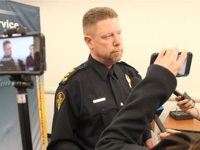 Troy Cooper, chief of the Saskatoon Police Service, speaks with reporters about the Government of Saskatchewan's framework around cannabis legislation on Thursday, Mach 15, 2018. He said the municipal police service would benefit from a yearlong extension when it comes to the timeframe in which recreational cannabis will be legalized in Canada, but said his service will be ready for summer 2018, if the federal government move forward on its plan to implement legalization this summer.