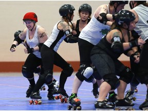 Sarah Coleshaw competes in a scrimmage with the Saskatoon Roller Derby team at SaskTel Sports Centre in Saskatoon, SK on March 15, 2018.