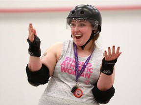 Sarah Coleshaw coaches Junior Roller Derby at Cosmo Civic Centre in Saskatoon, SK on March 18, 2018.