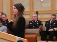 Kaela Tennent speaks to city council regarding her concerns about fire pits before they vote on the new fire pit regulation bylaw at City Hall in Saskatoon, SK on March 26, 2018.