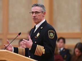 Saskatoon Fire Chief  Morgan Hackl presents to city council before they vote on the new fire pit regulation bylaw at City Hall in Saskatoon, SK on March 26, 2018.