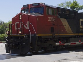A Canadian National Railway Co. locomotive. The railway on Wednesday apologized for its role in an ongoing grain backlog.