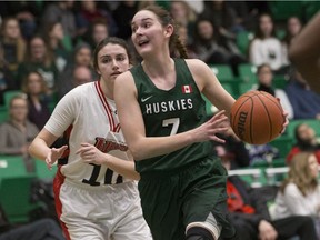 Huskies guard Megan Ahlstrom goes to run the ball during the game at the Ron and Jane Graham Court in Saskatoon, SK on Friday, February 16, 2018.