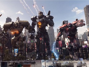 L-R: Jaeger mechs Saber Athena, Bracer Phoenix, Gipsy Avenger and Guardian Bravo in "Pacific Rim Uprising."