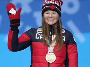 Brittany Hudak of Canada celebrates during the medal ceremony for the Women's Biathlon 12.5km Standing on day seven of the PyeongChang 2018 Paralympic Games on March 16, 2018 in Pyeongchang-gun, South Korea.