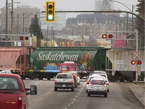 Saskatoon Mayor Charlie Clark says there do not appear to be any easy answers for railway crossing delays in Saskatoon, such as this one in October of 2016 on 22nd Street, but technology could help mitigate their effects on vehicle traffic.