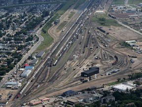 Moving the Canadian Pacific rail yards in Sutherland, seen here in this August 2014 aerial photo, is estimated to cost $105 million as part of the $590-million cost of relocating CP line south of Saskatoon, a new report says.