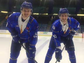 Braylon Shmyr and Evan Fiala unveil the Saskatoon Blades' Don Cherry-inspired uniforms that they'll wear on March 10 in their WHL game against the Brandon Wheat Kings.