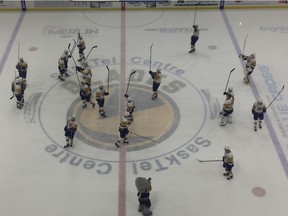 The Saskatoon Blades salute their fans following the final game of the 2017-18 season at SaskTel Centre.