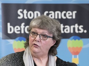 Tenant Jeanne Labelle-Potvin speaks at the Canadian Cancer Society in Regina. The news conference described the first case of its kind in Saskatchewan. The Office of Residential Tenancies has ruled that renters have the right to be protected from second-hand smoke exposure in their homes.