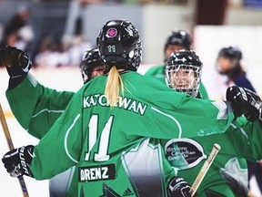 Saskatoon Ice (under-19 Team Saskatchewan) shown here playing in the 2017 Western Canadian Ringette Championships in Winnipeg.