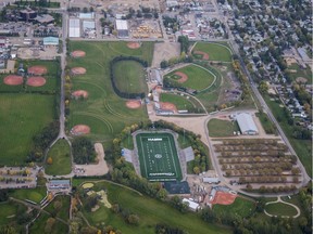 This aerial photo show the existing facilities at the Gordie Howe Sports Complex west of the Holiday Park neighbourhood in Saskatoon, An update on upgrades to facilities at the sports complex was presented to city council's planning, development and community services committee on Monday, March 5, 2018. (City of Saskatoon)