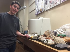 Jonah Tyreman stands by some of the samples he selected from the University of Saskatchewan Geology department in Saskatoon on March 30, 2018. Tyreman started a museum, the Sesula Mineral and Gem Museum in Radisson, which was broken into and robbed earlier this month. Members of the U of S and the Geology department invited Tyreman on campus and gave the young collector an opportunity to select rare samples from its treasure trove of rocks, minerals, meteorites and fossils from the secure storage vault to help replenish his museum's supplies. (Jeff Losie/Saskatoon StarPhoenix)