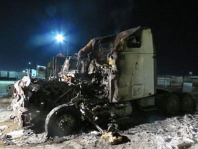 A semi tractor was destroyed in a fire on Marquis Drive on March 12, 2018. Saskatoon Fire Dept. handout