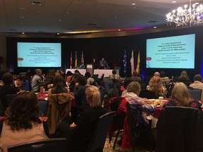 Dr. Jolee Sasakamoose addresses attendees of the University of Saskatchewan's Indigenous Health Conference Gathering for miyo mahcihowin in Saskatoon on March 16, 2018. (Erin Petrow/Saskatoon StarPhoenix)