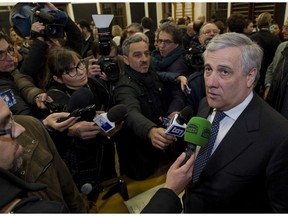 European Parliament President Antonio Tajani answers reporters' questions at the end of a meeting at the Link Campus University ahead of the March 4 general elections in Rome, March 1, 2018.