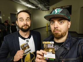 Greg Moore (left) and Justin Reves show their Golden Knights passes during their recent trip to Las Vegas.