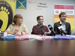Donna Bowyer, director of the Canadian Mental Health Association Moose Jaw branch (from left), Cole Ramsey, diversity representative for Moose Jaw Pride, and Joe Wickenhauser, executive director of Moose Jaw Pride, announce the Trans Hope Fund in Regina.