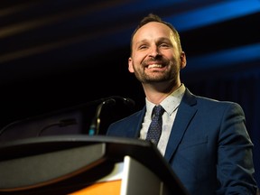 Ryan Meili addresses the crowd at the Delta Hotel in Regina on March 3, 2018, moments after it was announced that he was the winner of the NDP leadership race.