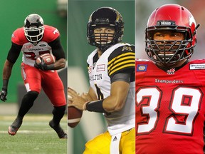New additions to the Saskatchewan Roughriders, Jerome Messam, from left, Zach Collaros and Charleston Hughes.