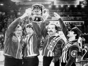 Rick Folk, left, was the last Saskatchewan skip to win the Brier. Folk is shown with teammates, left to right, Ron Mills, Tom Wilson and Jim Wilson.