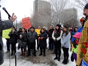 A crowd of around 50 people gathered at Kiwanis Memorial Park in downtown Saskatoon on Friday, March 16, 2018 to show support for the Sixties Scoop survivors. Jeff Losie/Saskatoon StarPhoenix