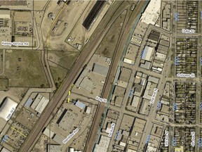 This aerial photo shows a triangular piece of property the City of Saskatoon wants to buy from the provincial government for $4.88 million. The property includes a former maintenance facility for the now defunct Saskatchewan Transportation Company. (City of Saskatoon)